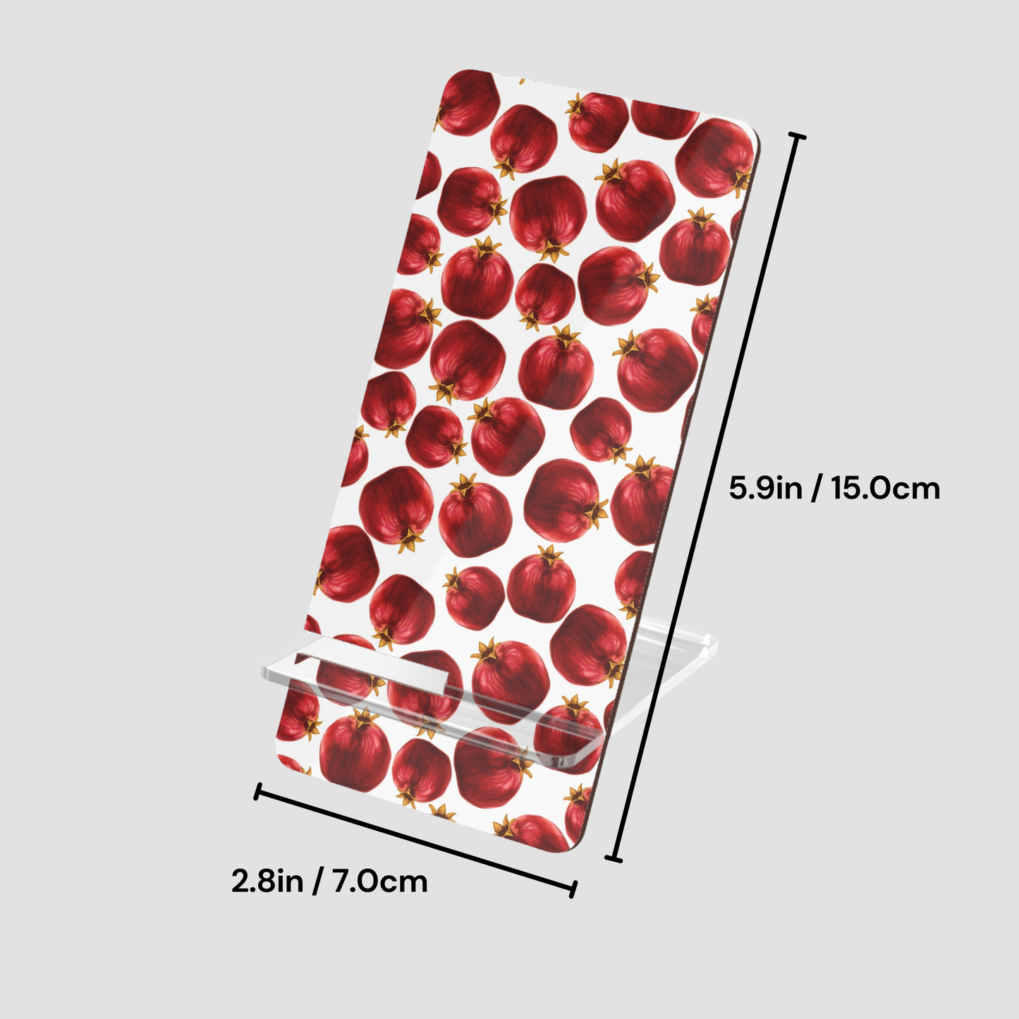 Phone case with pomegranate pattern and dimensions on a white background
