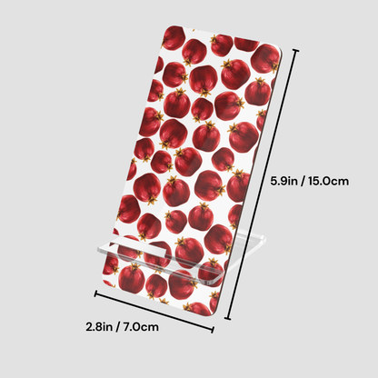 Phone case with pomegranate pattern and dimensions on a white background