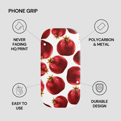 Phone grip with pomegranate pattern and feature text on a white background