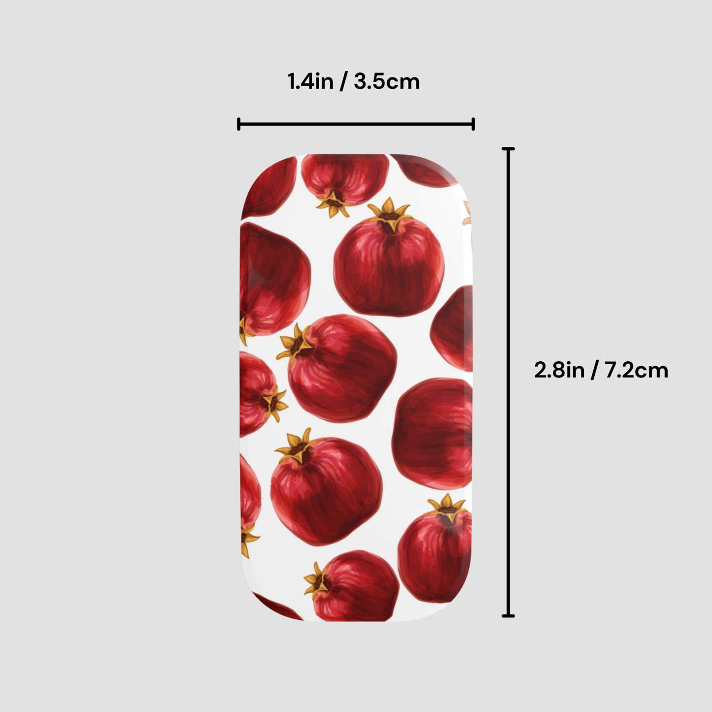 Phone case with pomegranate pattern and measurements on a white background
