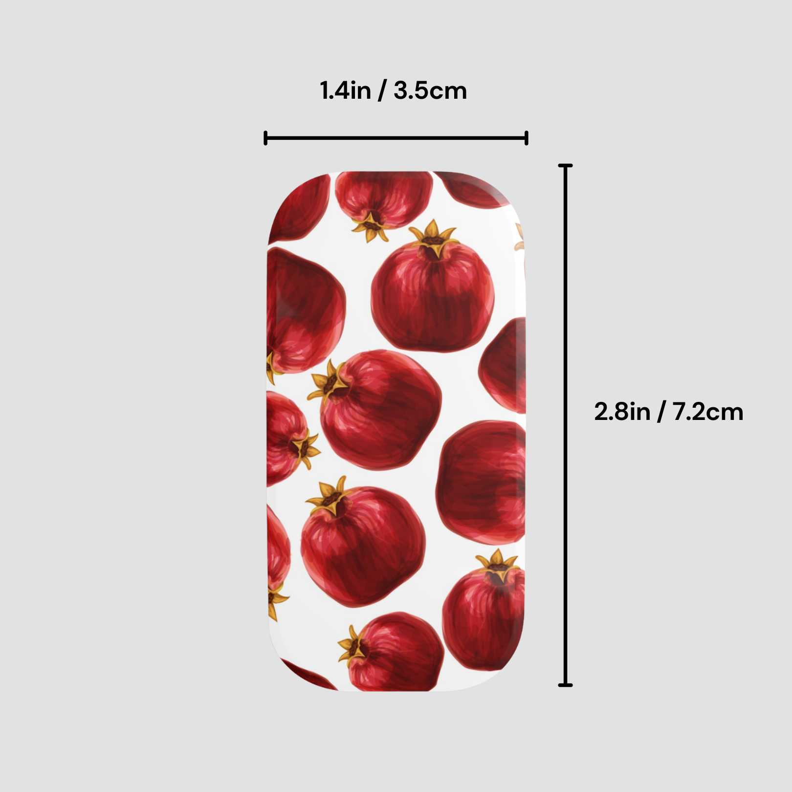 Phone case with pomegranate pattern and measurements on a white background