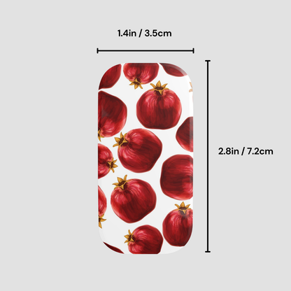 Phone case with pomegranate pattern and measurements on a white background