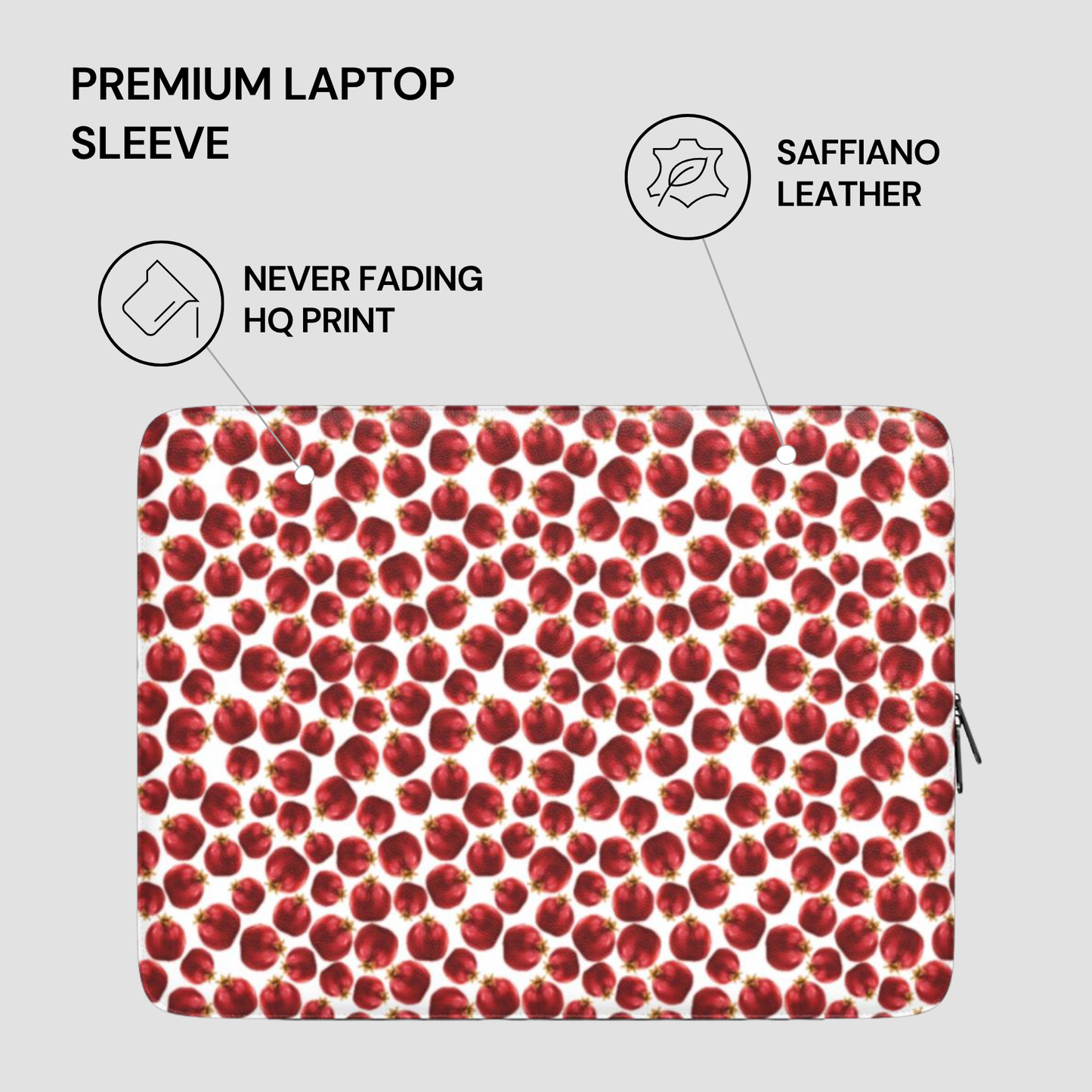 Laptop sleeve with red cherry pattern on a gray background