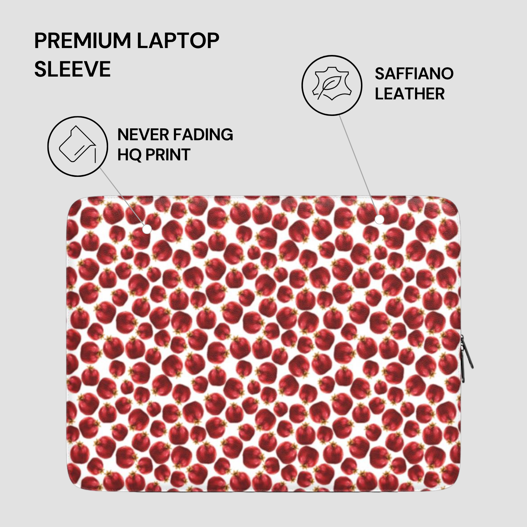 Laptop sleeve with red cherry pattern on a gray background