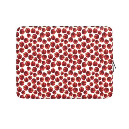 Laptop sleeve with red cherry pattern on a white background