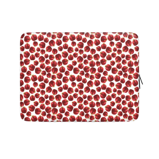 Laptop sleeve with red cherry pattern on a white background