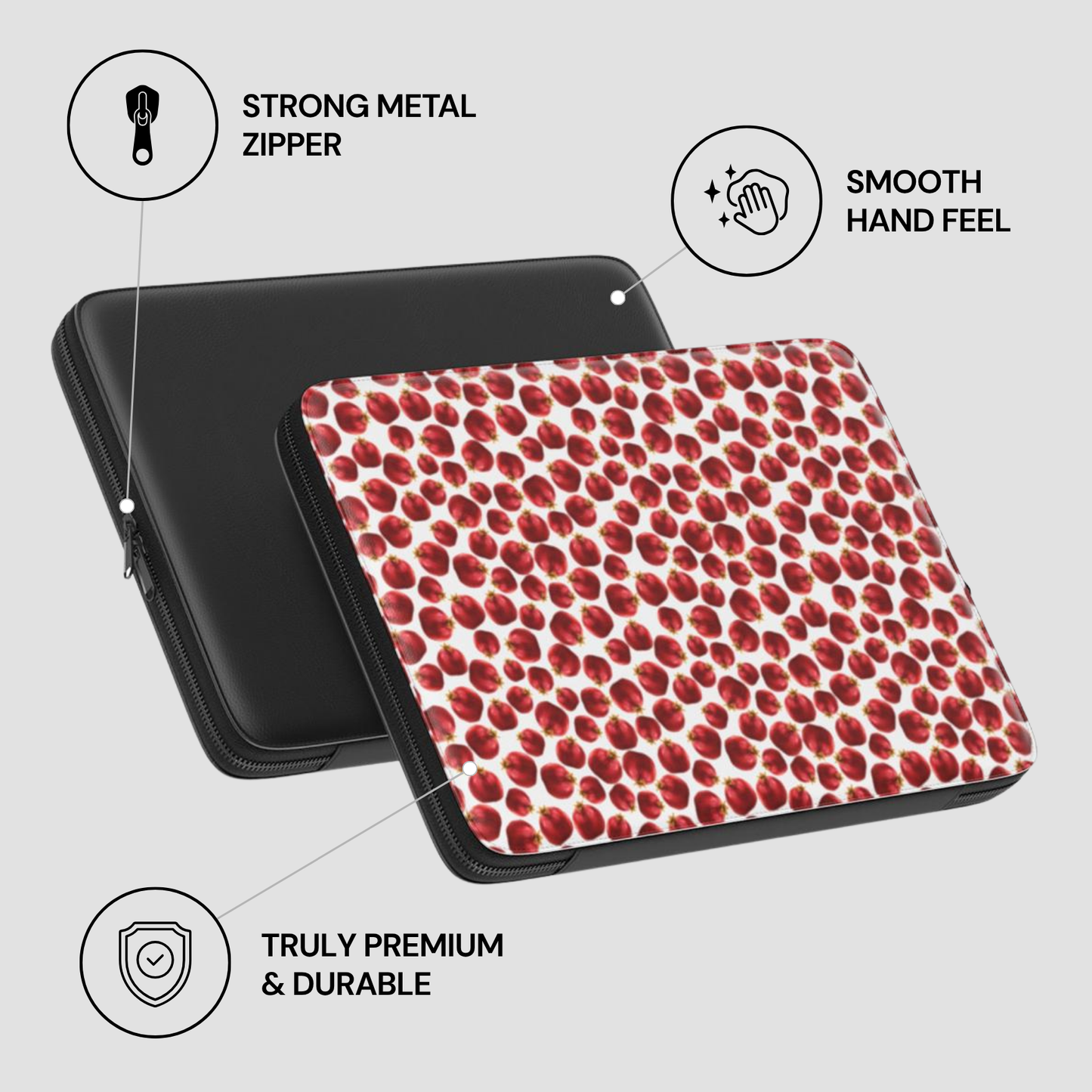 Laptop sleeve with red pattern and black zipper, featuring text on durability and features.