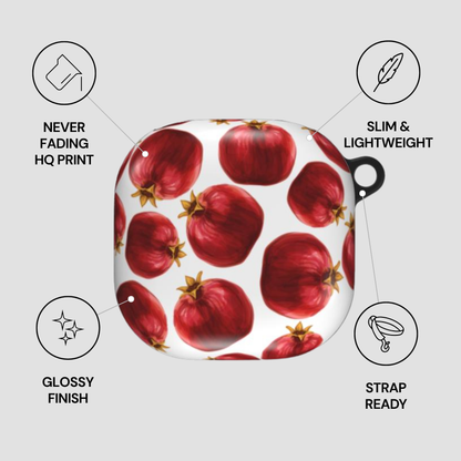 Product packaging with pomegranate design and feature icons on a light gray background