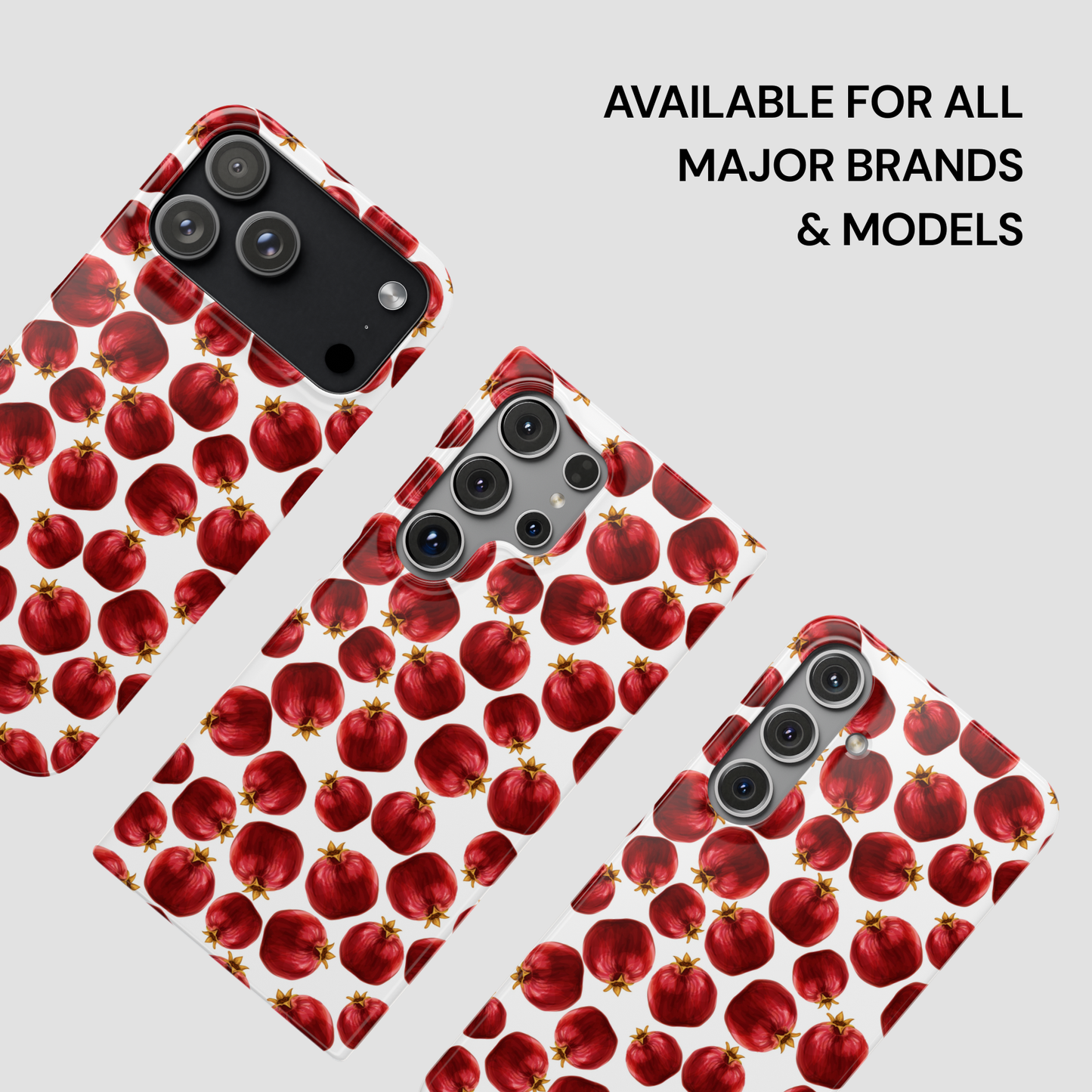 Phone cases with red pomegranate pattern on a white background