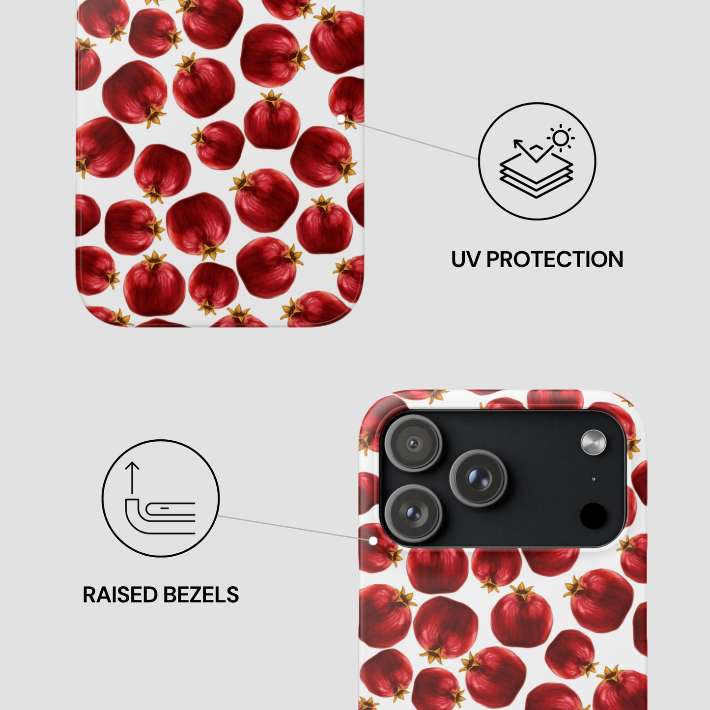 Phone case with pomegranate pattern and UV protection and raised bezels features.