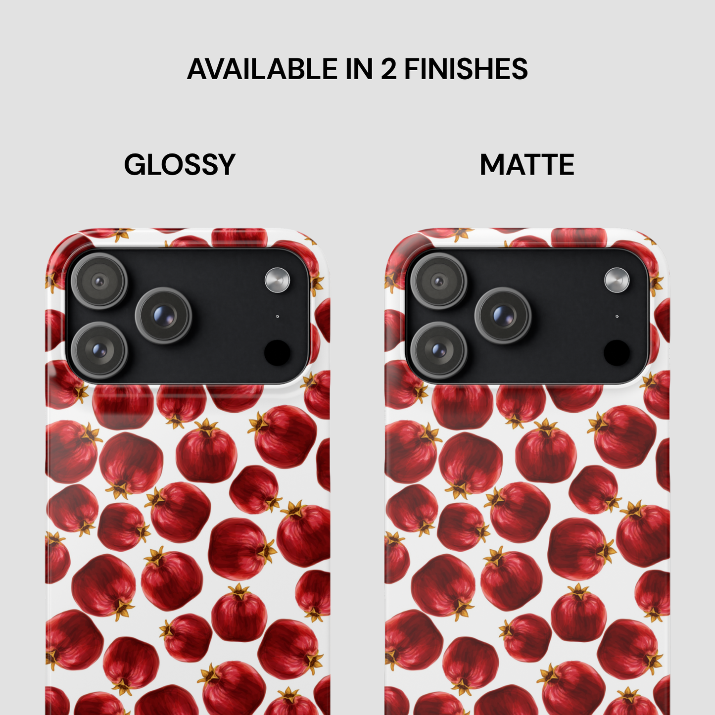 Two phone case designs with red apple pattern, one glossy and one matte, on a white background.