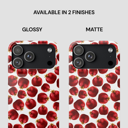 Two phone case designs with red apple pattern, one glossy and one matte, on a white background.