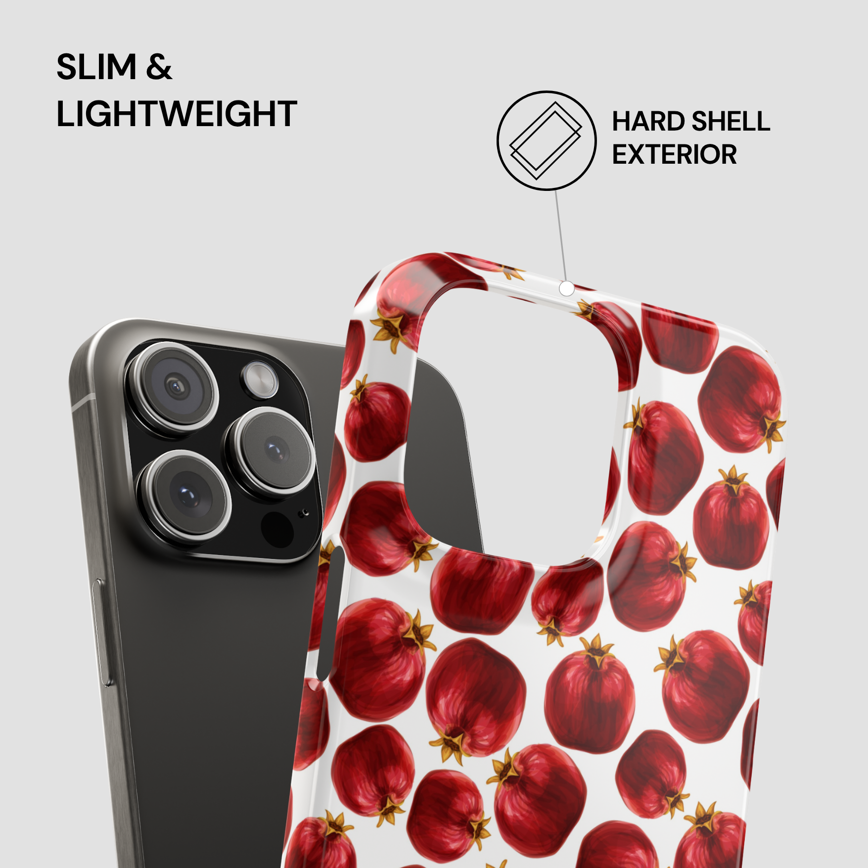 Phone case with red fruit pattern next to a phone, highlighting 'slim & lightweight' and 'hard shell exterior' features.