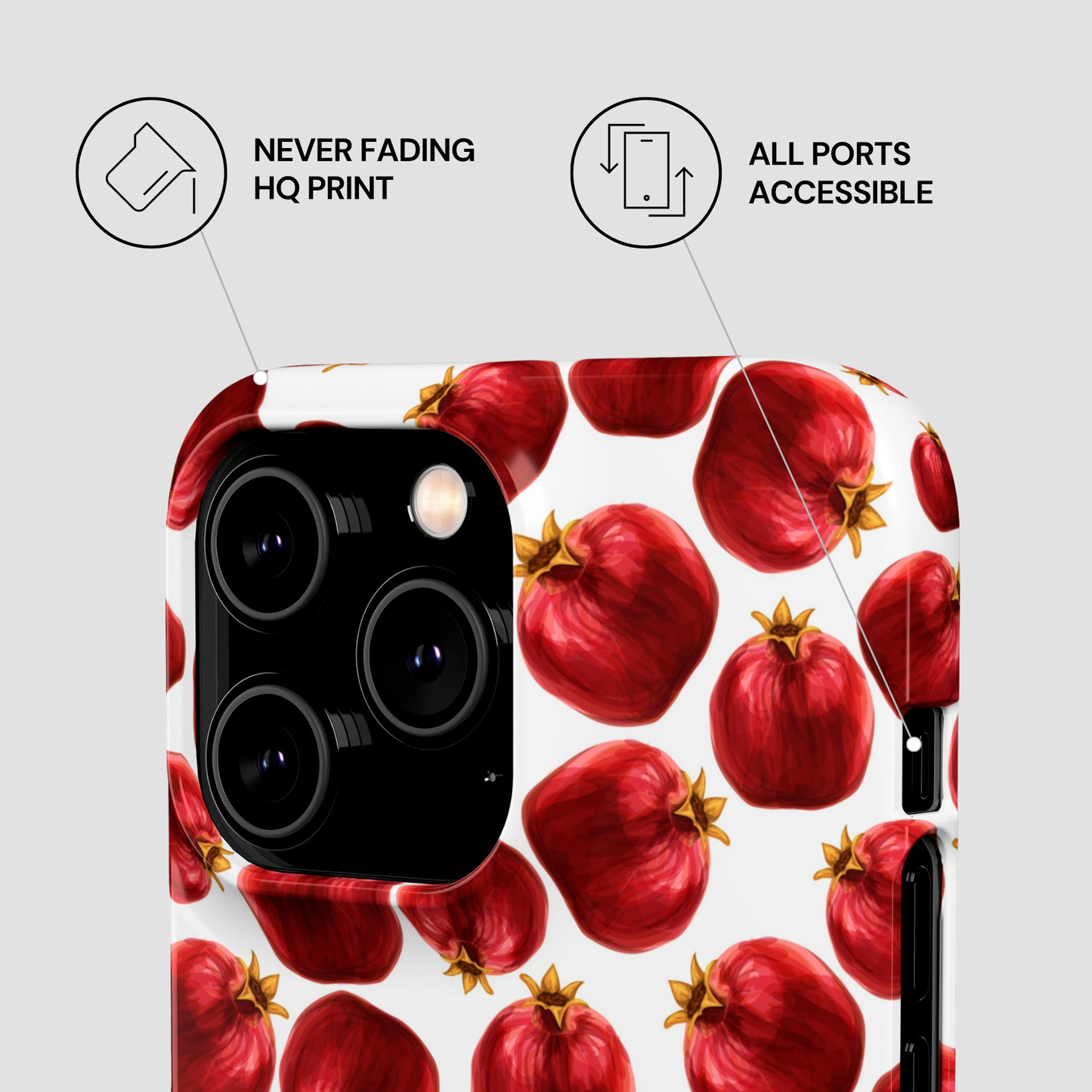 Phone case with pomegranate pattern and text about print quality and port accessibility