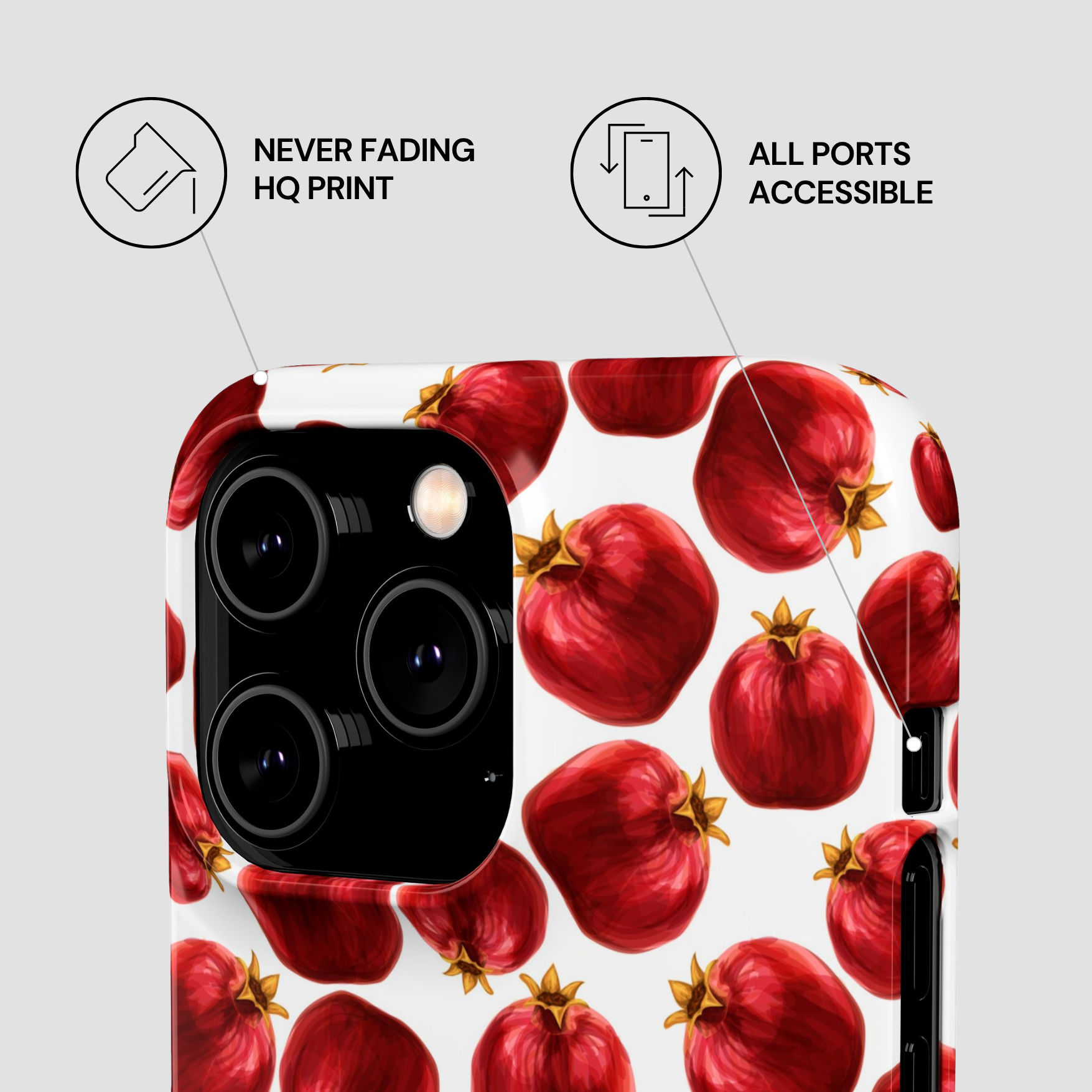 Phone case with pomegranate pattern and text about print quality and port accessibility
