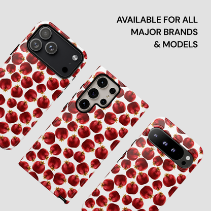 Phone case with red pomegranate pattern on a white background