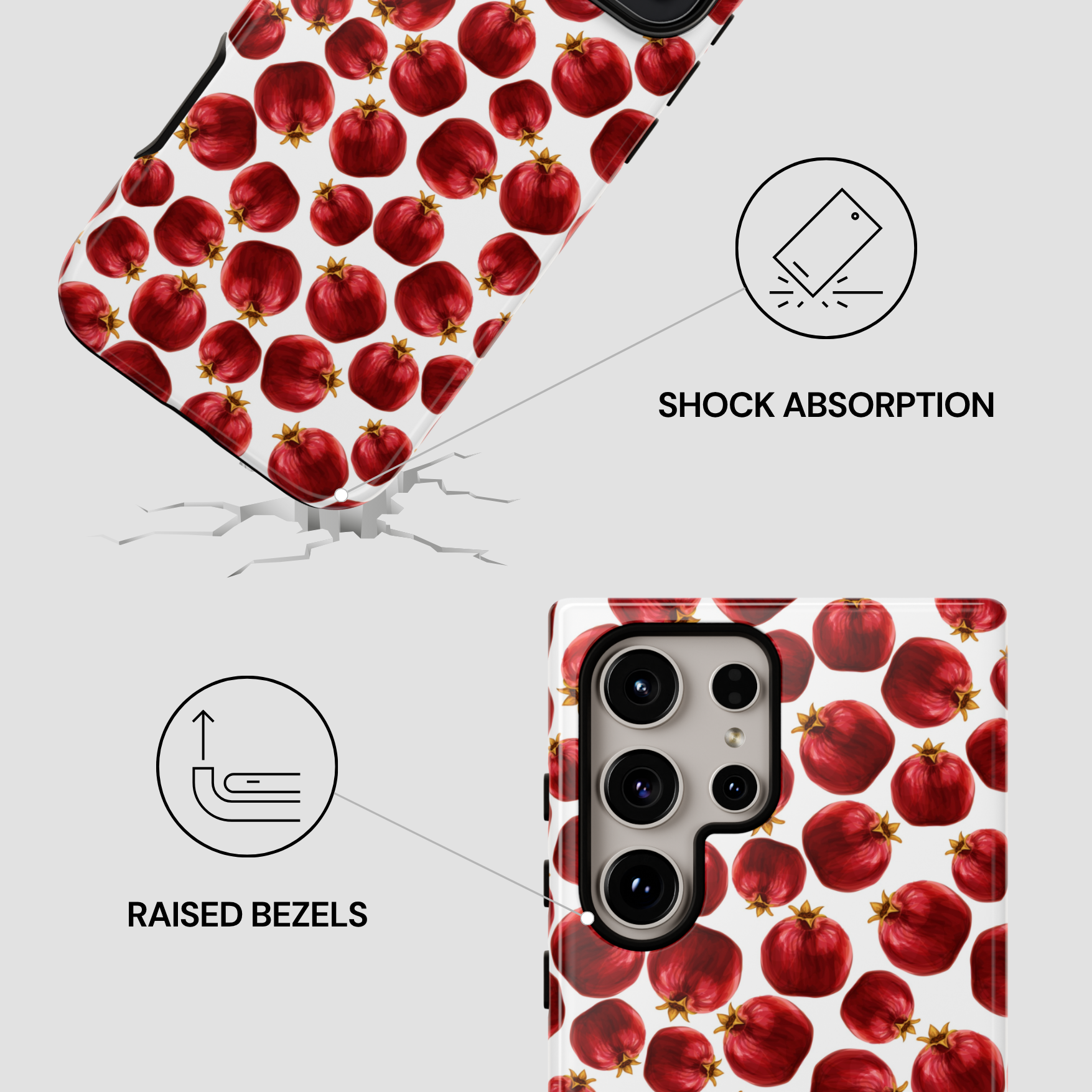 Phone case with pomegranate pattern and features highlighted on a white background