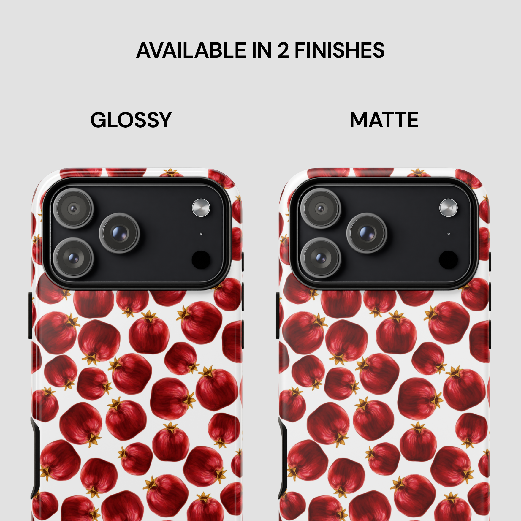Phone case with red fruit pattern, available in glossy and matte finishes.