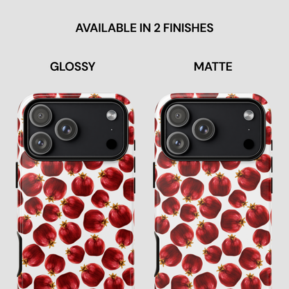 Phone case with red fruit pattern, available in glossy and matte finishes.