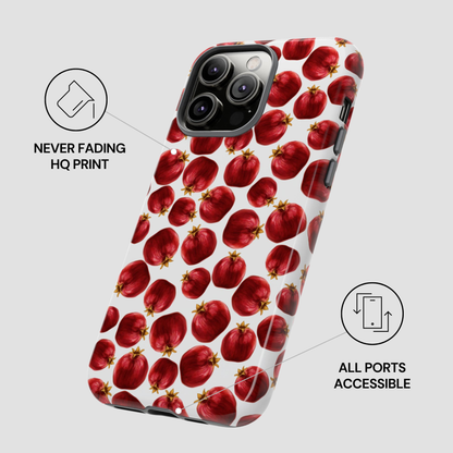 Phone case with red fruit pattern on a white background