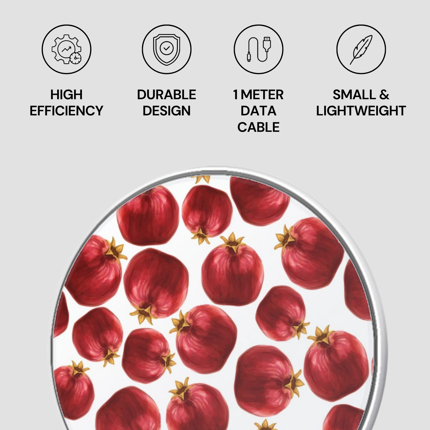 Product with pomegranate pattern and feature icons on a white background