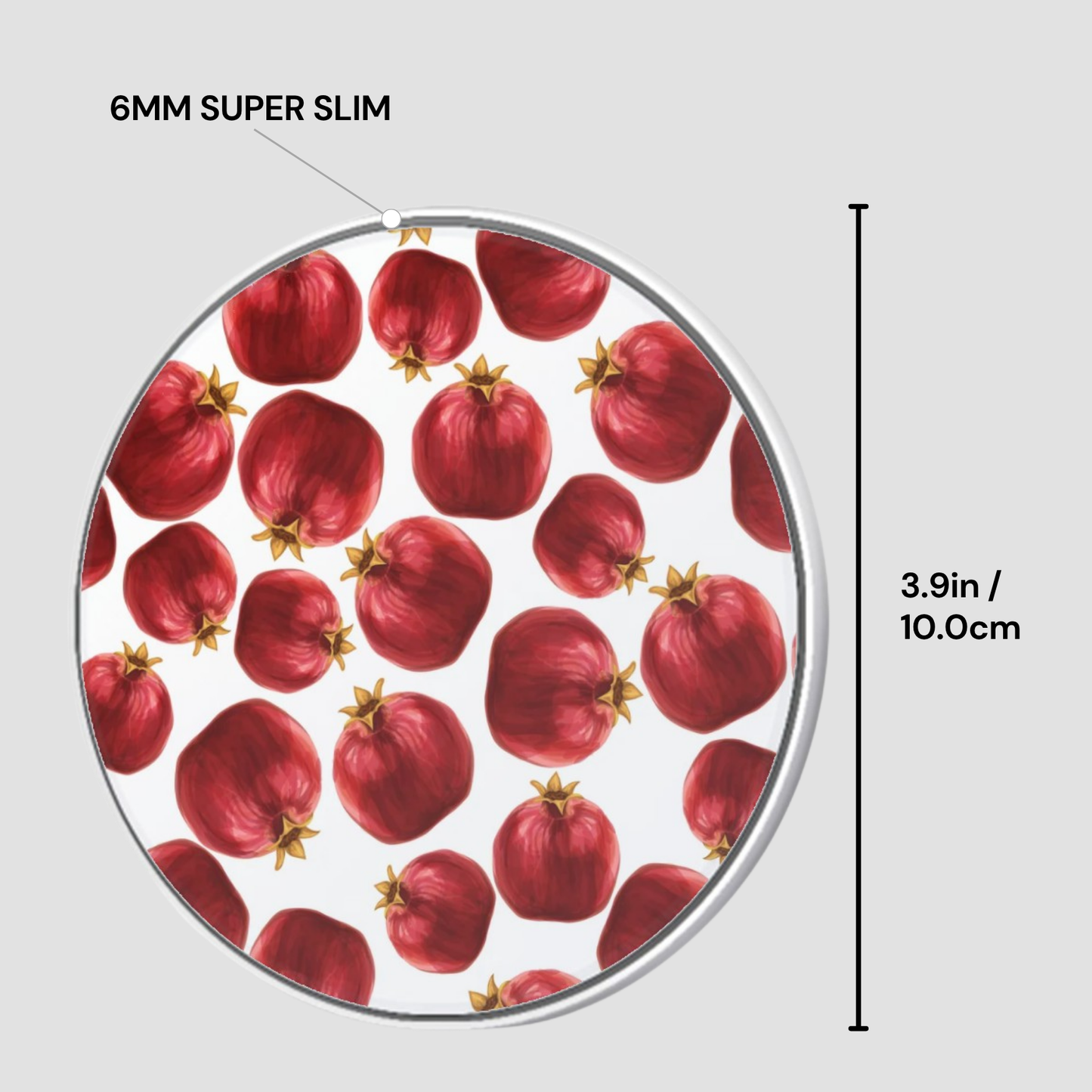 Circular product with pomegranate pattern and measurements on a white background