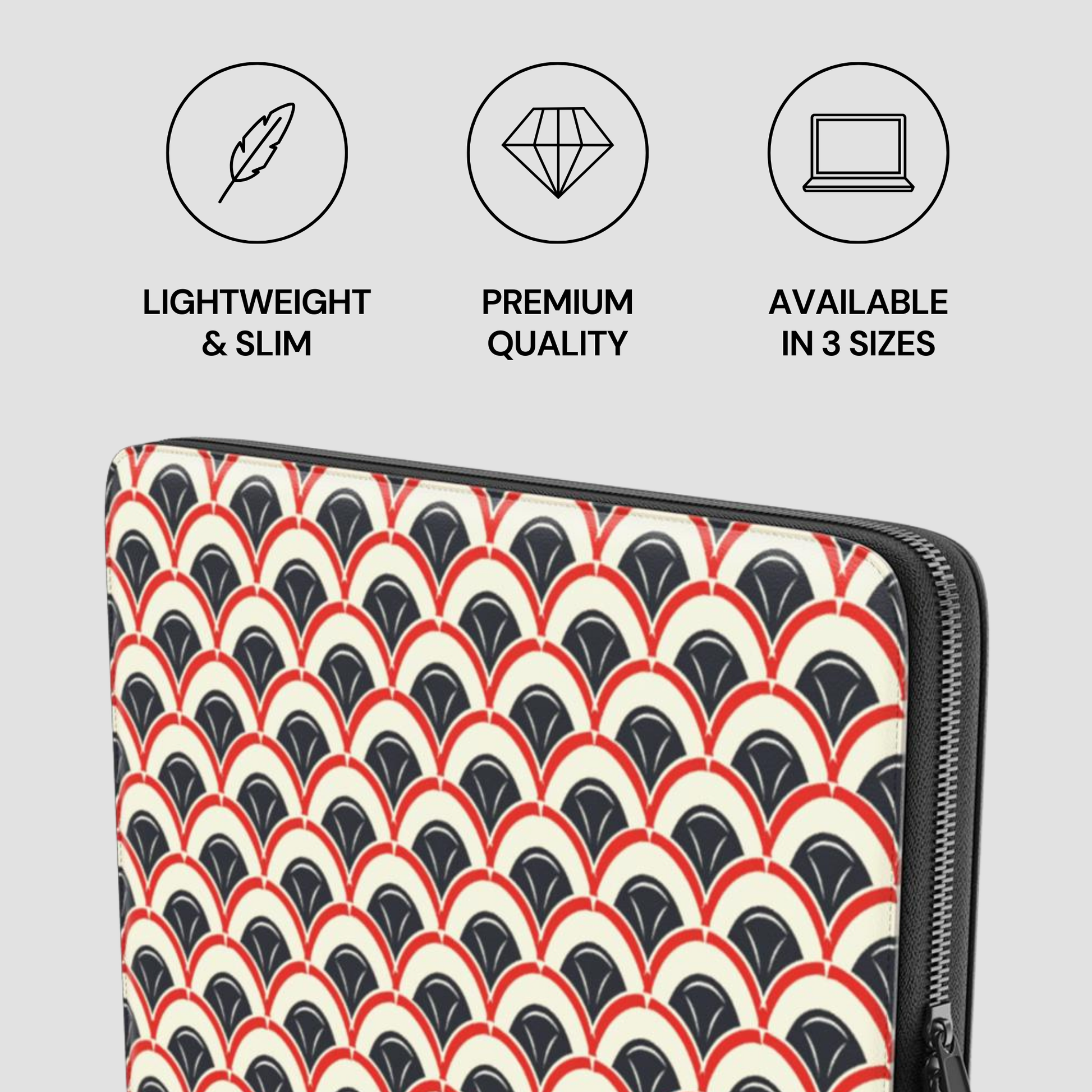 Laptop sleeve with geometric pattern on a light gray background