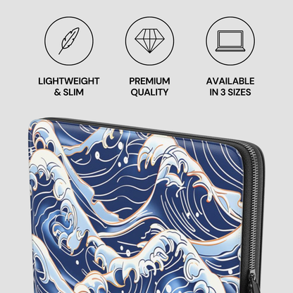 Laptop sleeve with wave design and product features on a light gray background | casenari