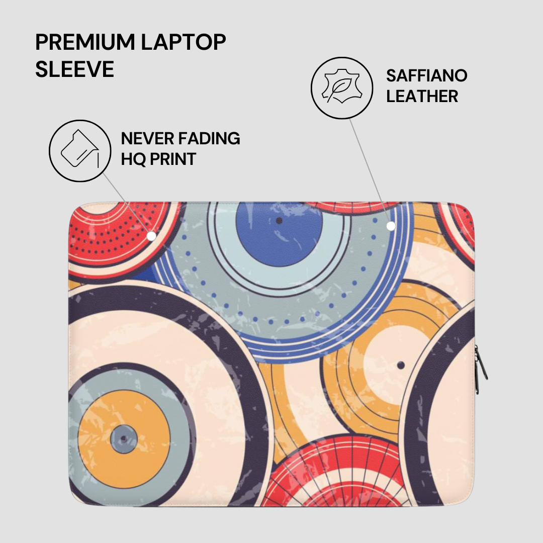 Colorful circular patterned laptop sleeve with text highlighting features on a light gray background