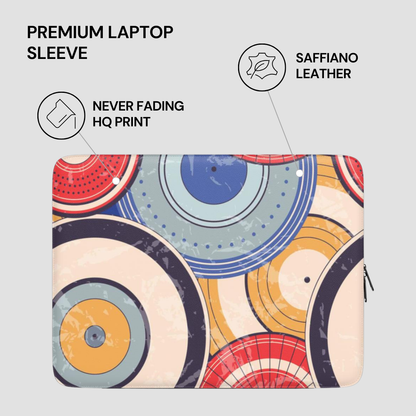 Colorful circular patterned laptop sleeve with text highlighting features on a light gray background