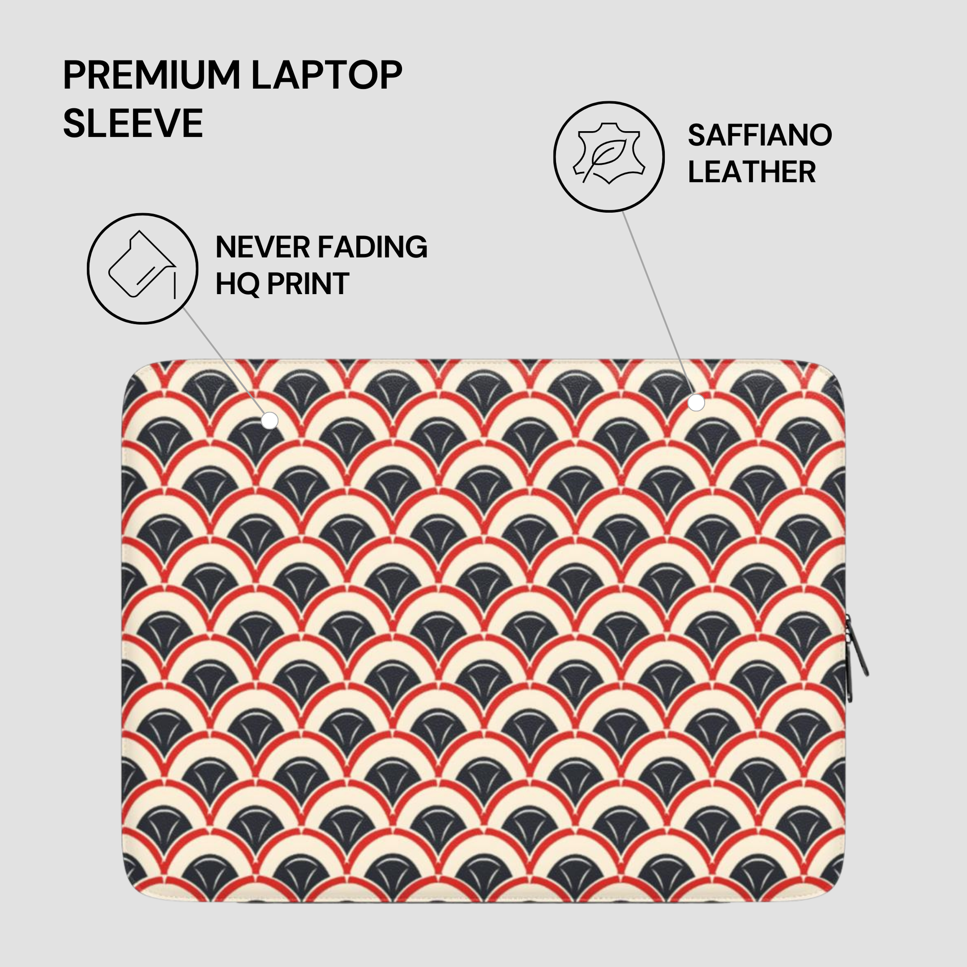 Laptop sleeve with geometric pattern on a light gray background