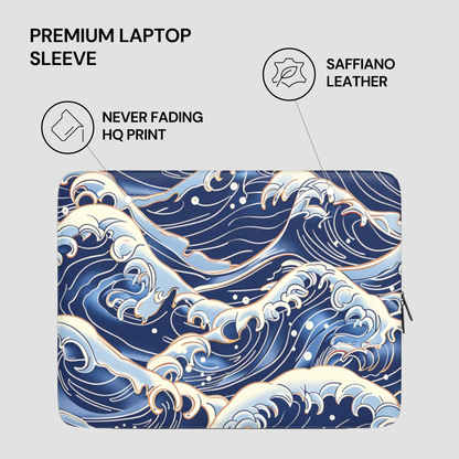 Laptop sleeve with wave design and text highlighting features on a gray background | casenari