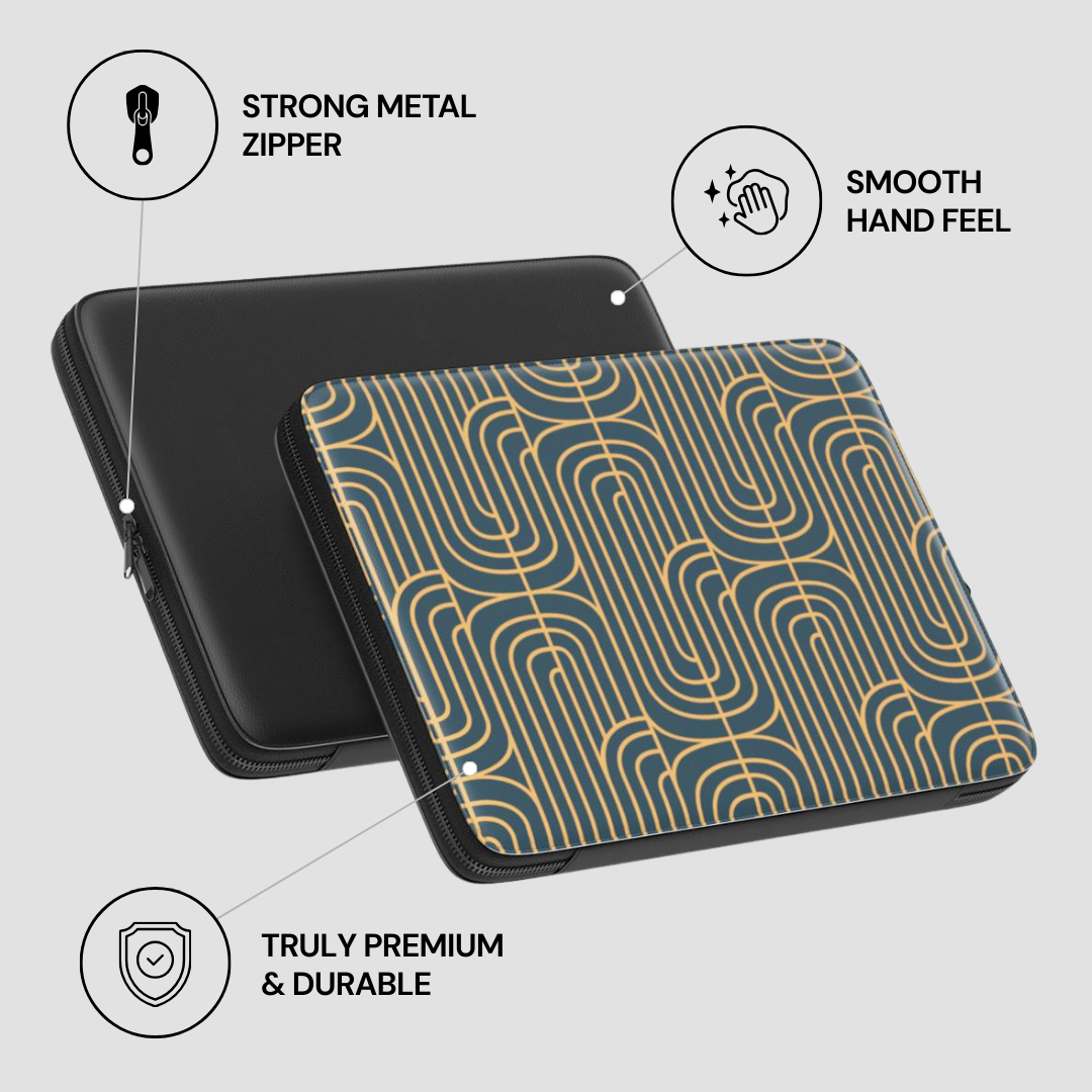 Patterned laptop case with features highlighted on a light gray background
