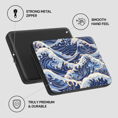 Laptop case with wave design and text highlighting features on a light gray background | Casenari