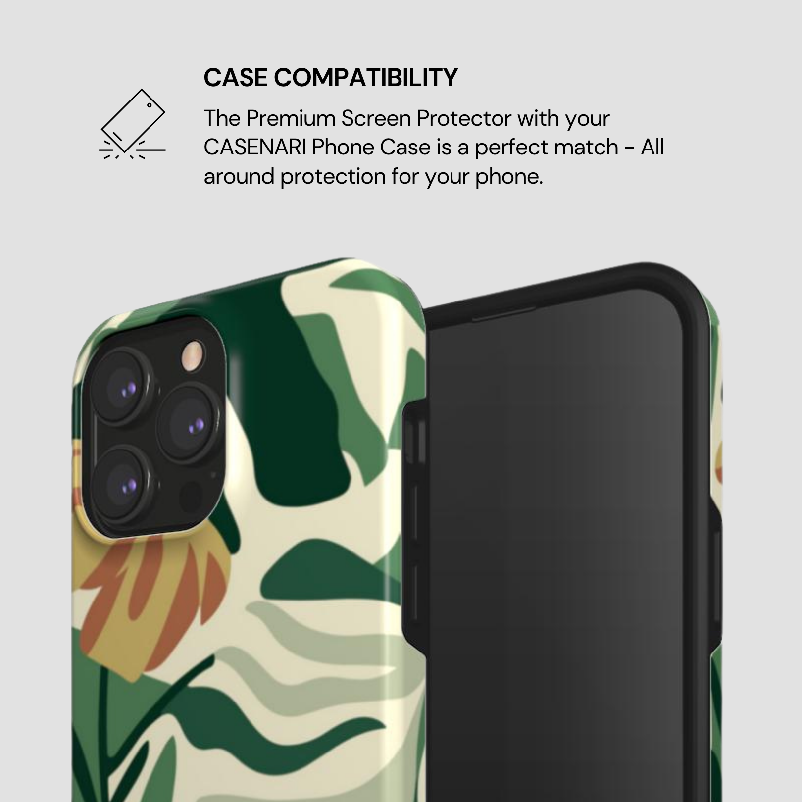 Phone case with floral design and screen protector compatibility text on a light gray background