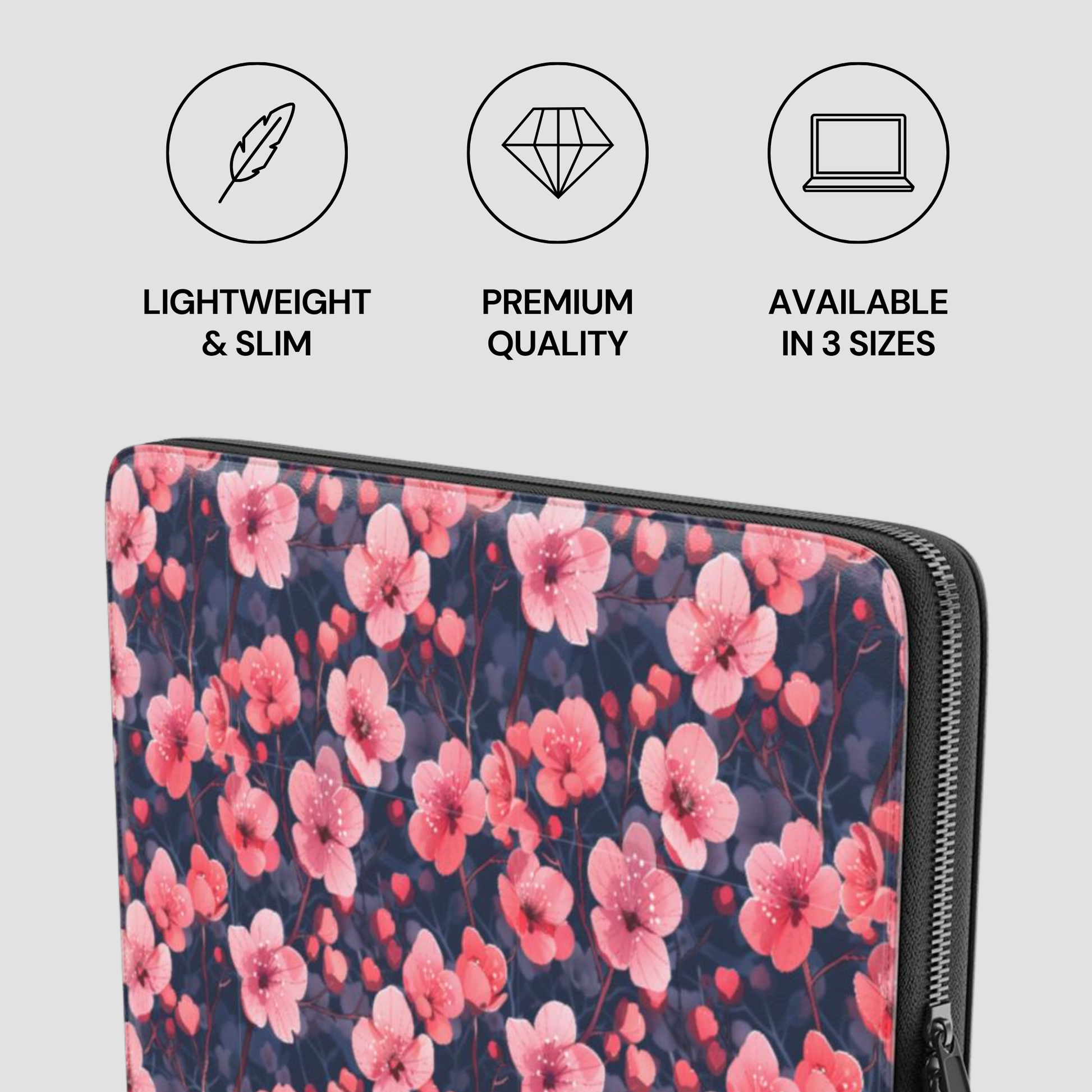 Floral laptop sleeve with features listed on a light gray background
