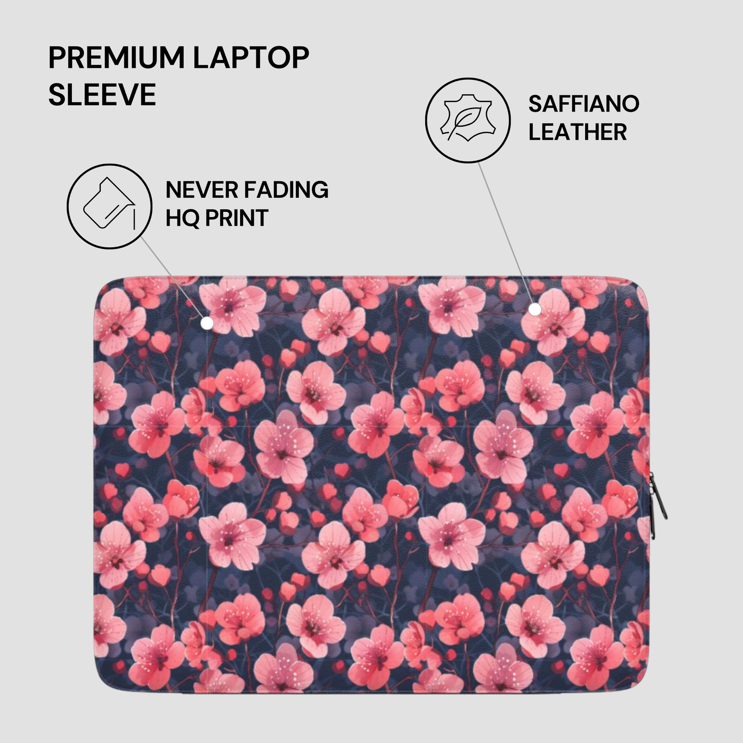 Floral laptop sleeve with saffiano leather finish on a light gray background