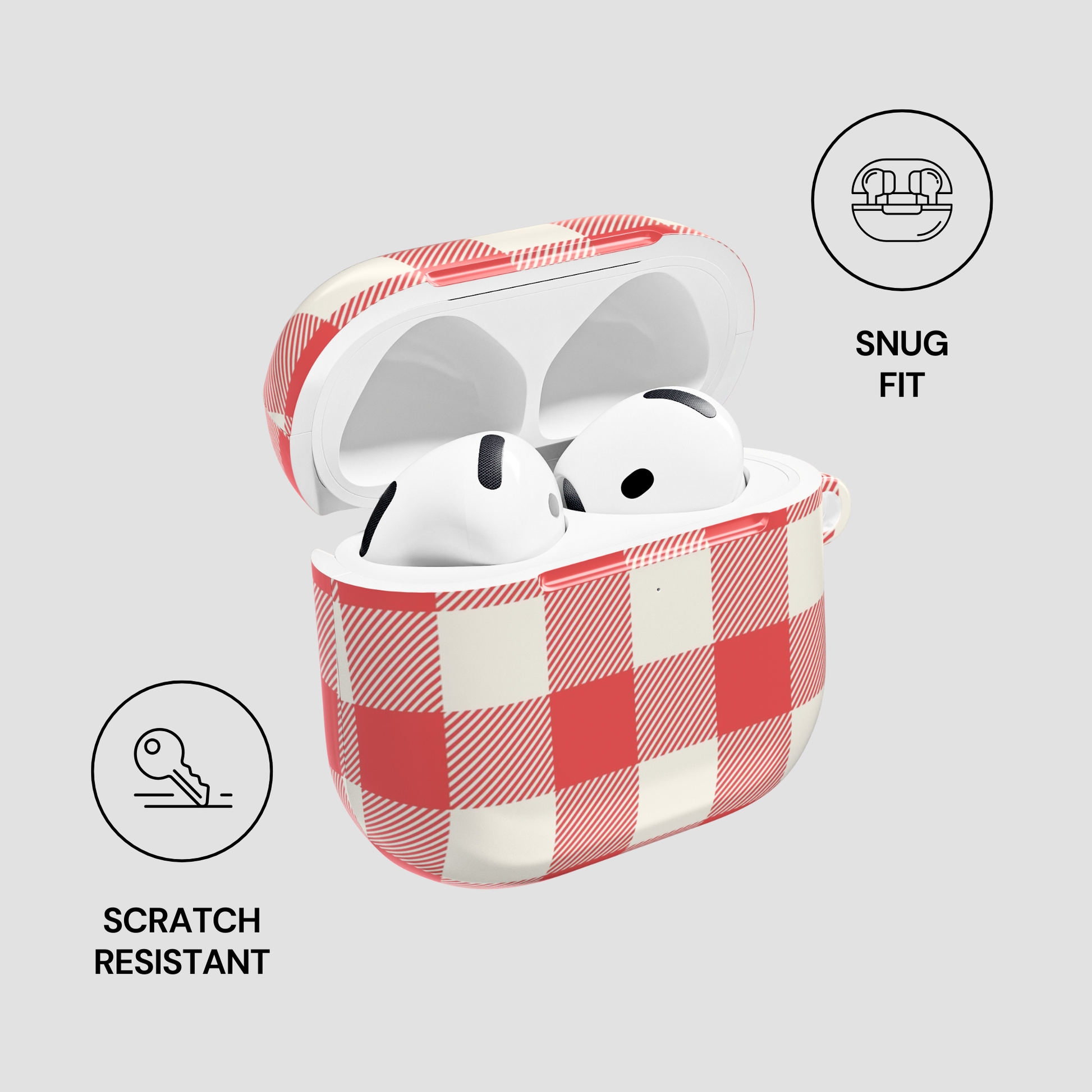 A red and white checkered protective case for wireless earbuds, shown open with white earbuds inside on a light gray background. Text icons highlight features: 'SNUG FIT' and 'SCRATCH RESISTANT'.