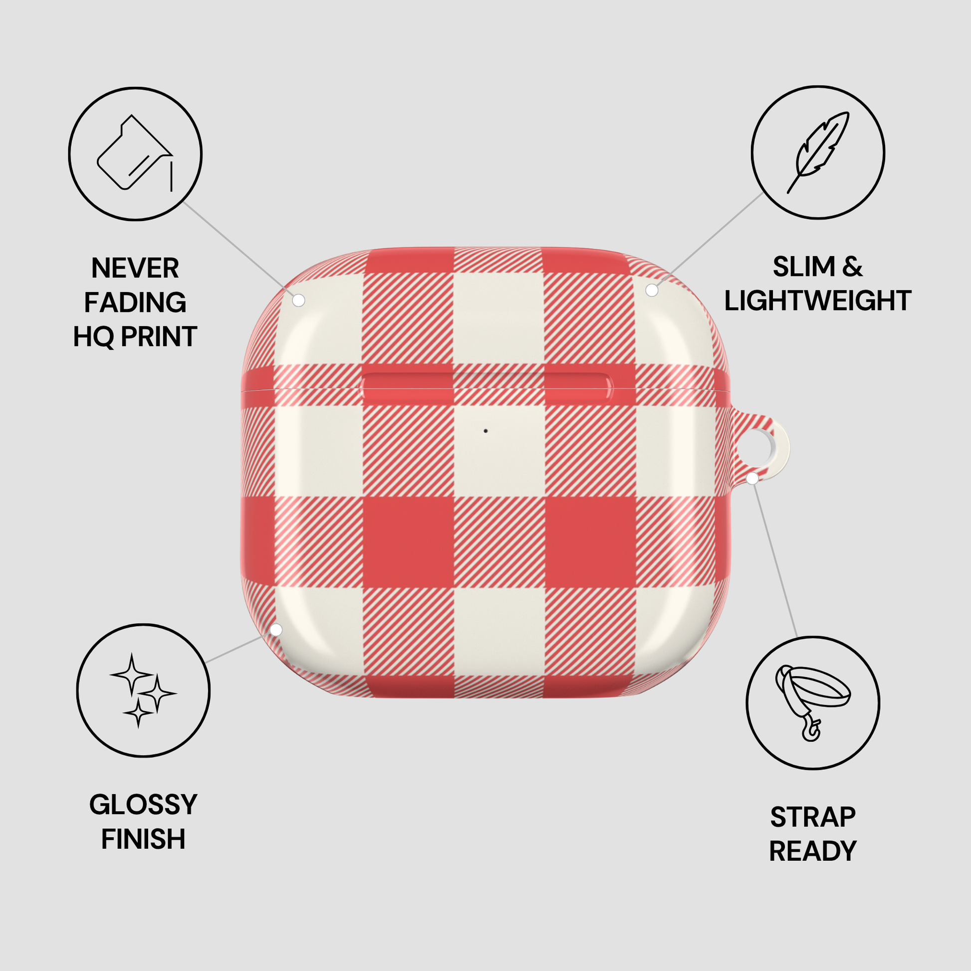 A red and white checkered protective case for wireless earbuds, shown on a light gray background with four feature callouts: never fading HQ print, slim and lightweight, glossy finish, and strap ready.