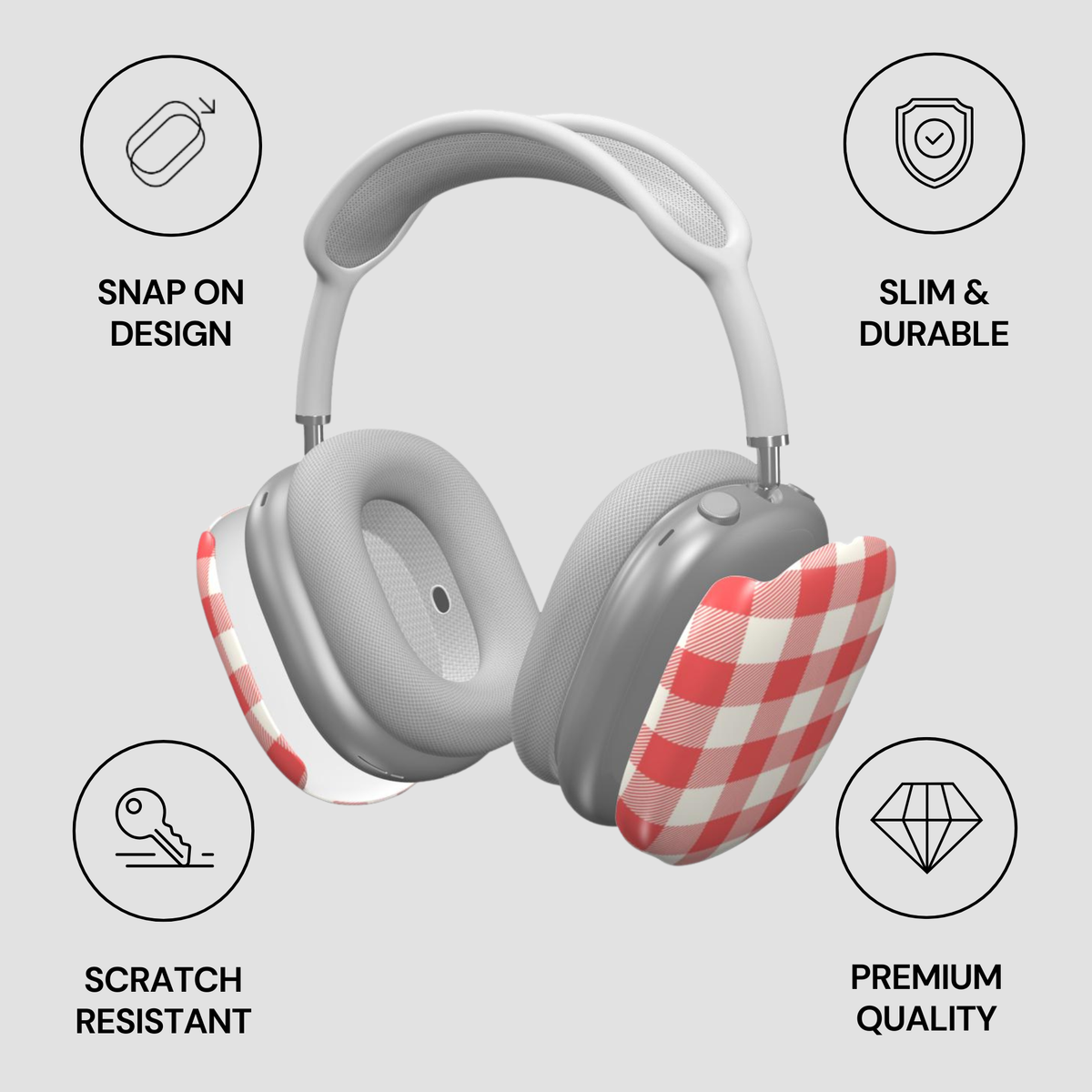 White over-ear headphones with red-and-white checkered ear cushions, shown on a light gray background with feature icons and text reading 'Snap on Design,' 'Slim & Durable,' 'Scratch Resistant,' and 'Premium Quality.'.