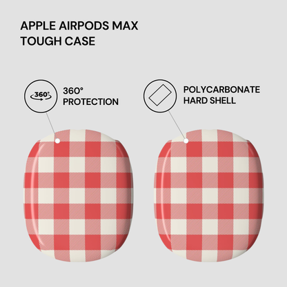Red and white checkered protective case for Apple AirPods Max, featuring a 360-degree impact protection design and a hard polycarbonate shell, shown on a light gray background with feature callouts.