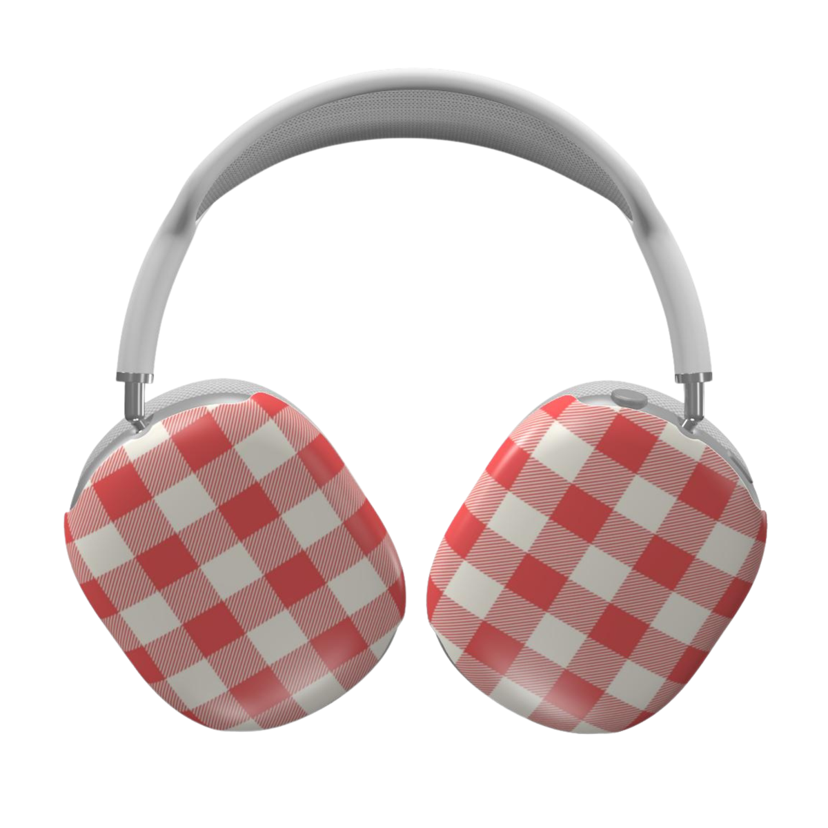 Over-ear headphones with a red and white gingham checkered pattern on the ear cushions, shown against a plain white background.