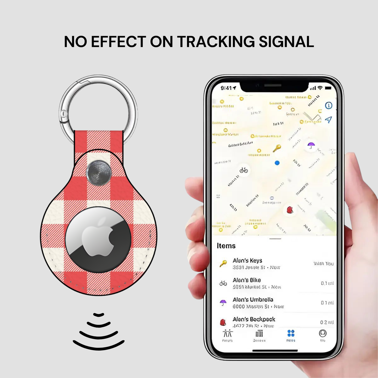 A red and white checkered keychain tracker with a silver key ring and a black circular chip, shown next to a hand holding a smartphone displaying a map with a key finder list. Text at the top reads 'NO EFFECT ON TRACKING SIGNAL'.