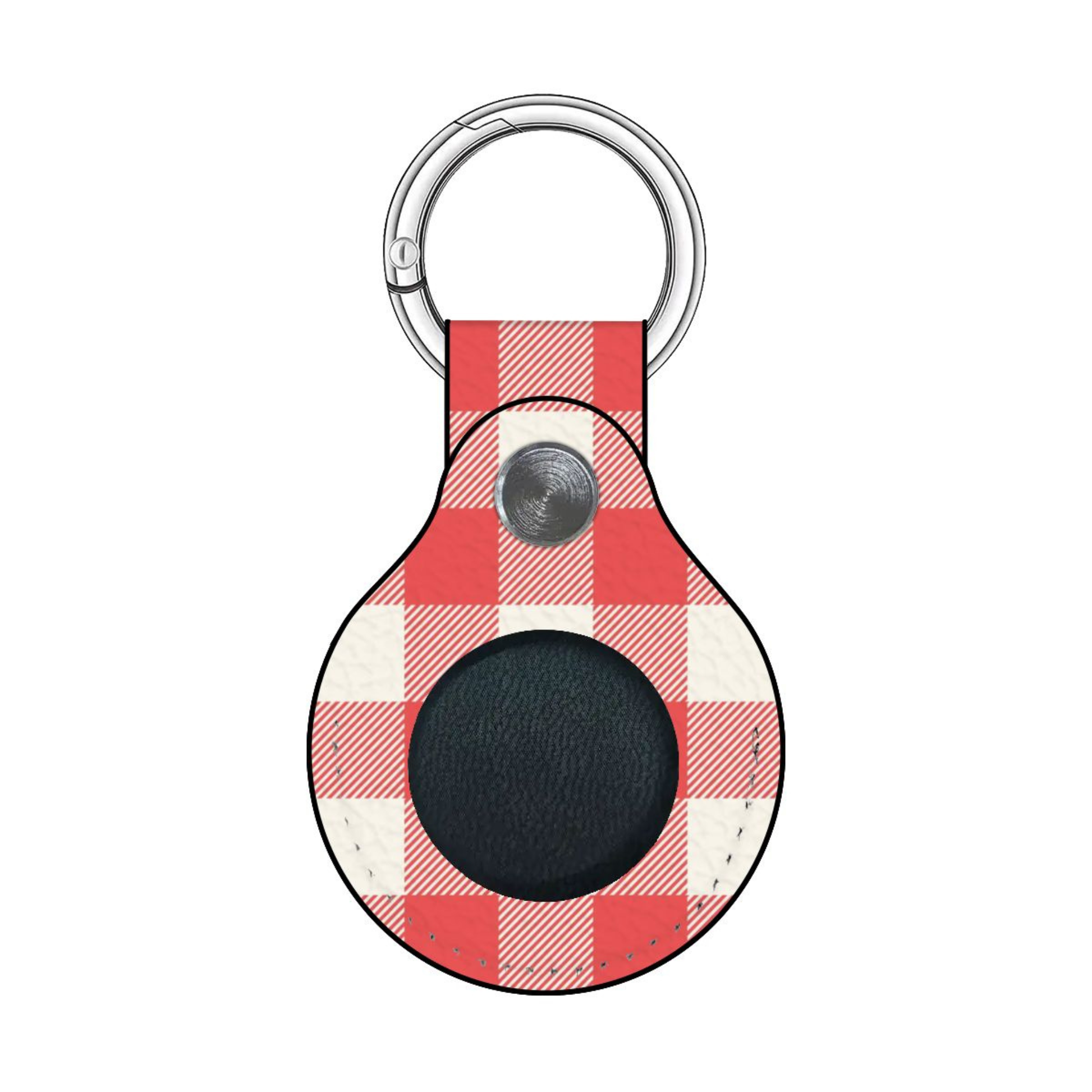 A red and white buffalo plaid leather keychain tag with a black circular cutout in the center and a silver metal key ring, shown on a plain white background.