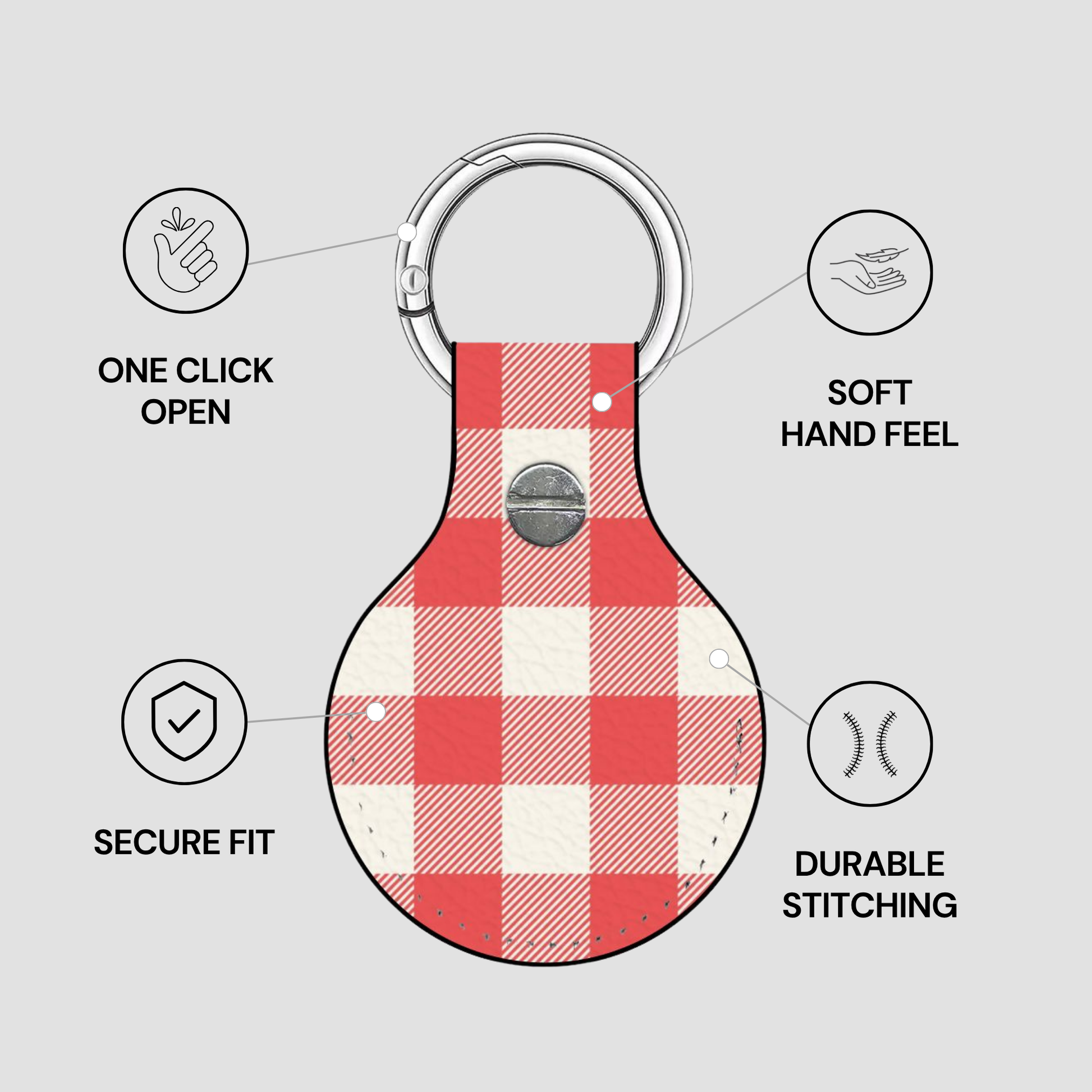 A red and white buffalo check leather keychain holder with a silver metal carabiner ring, shown with feature callout icons and text on a light gray background.