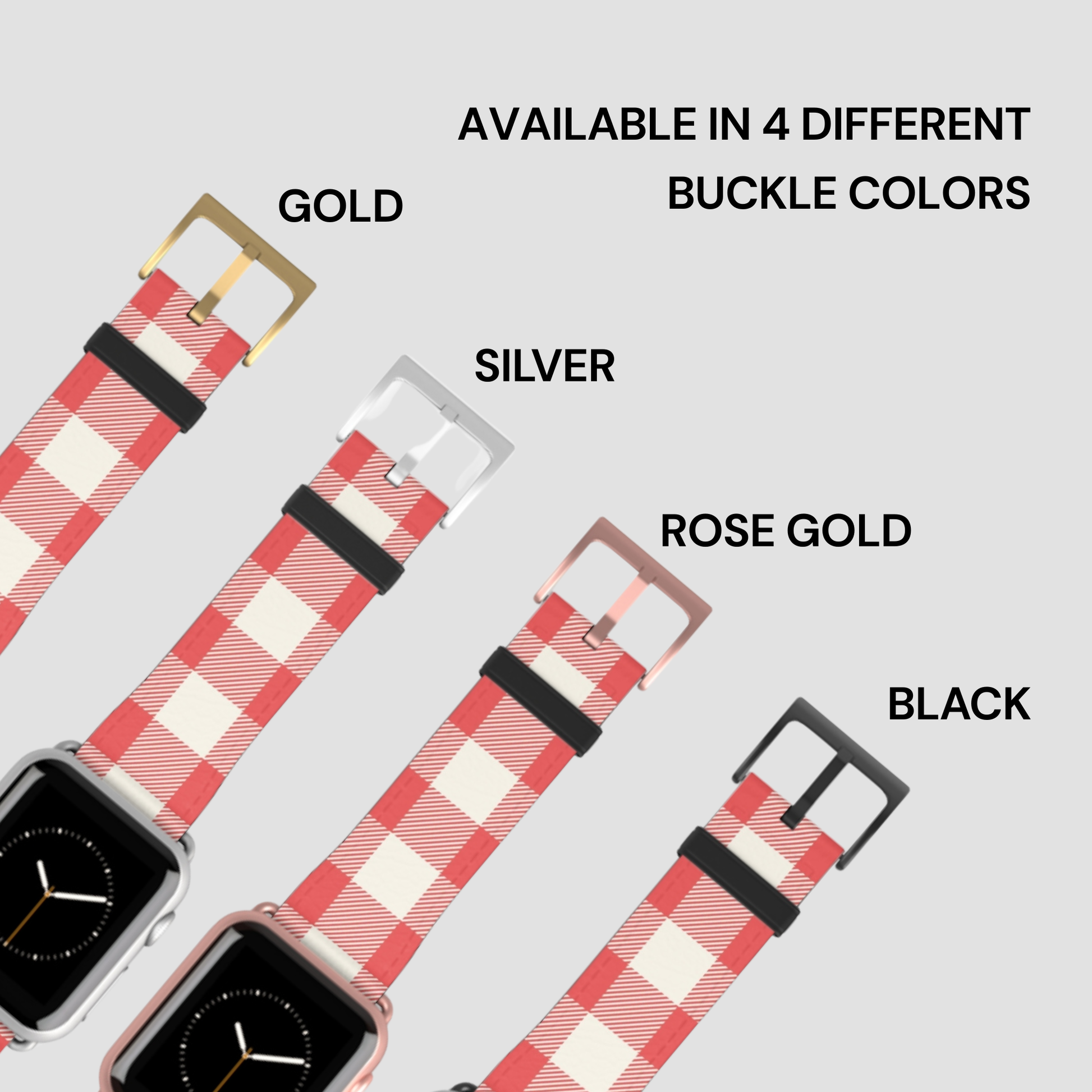 Four smartwatch bands with a red and white checkered pattern, shown with different buckle colors labeled as Gold, Silver, Rose Gold, and Black on a light gray background.