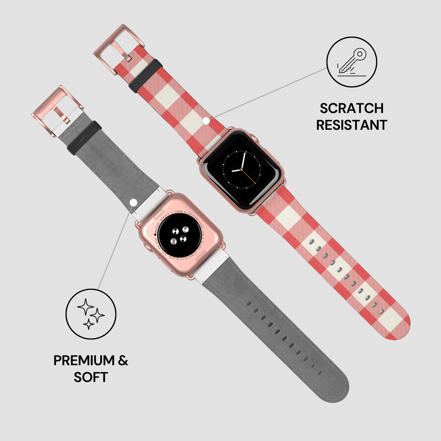 Two smartwatch bands shown on watch faces against a light gray background, with callout icons and text reading 'SCRATCH RESISTANT' and 'PREMIUM & SOFT.' One band is gray with black accents, and the other is red-and-white gingham with a metallic rose-gold-toned buckle and watch case.