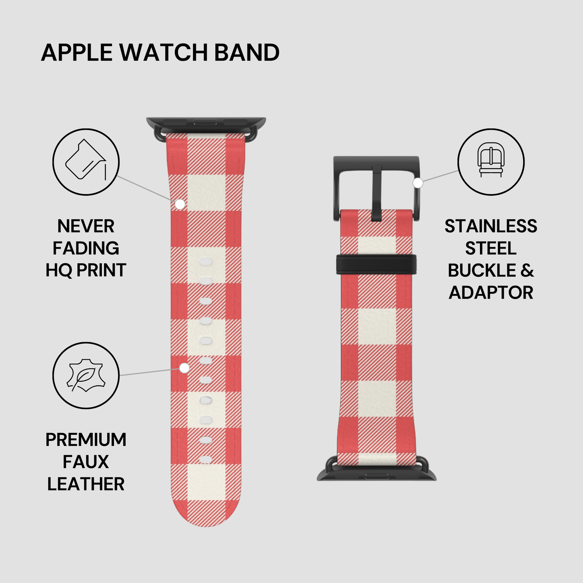 Apple Watch band with a red and white checkered pattern, shown from both front and back views with feature callouts on a light gray background.