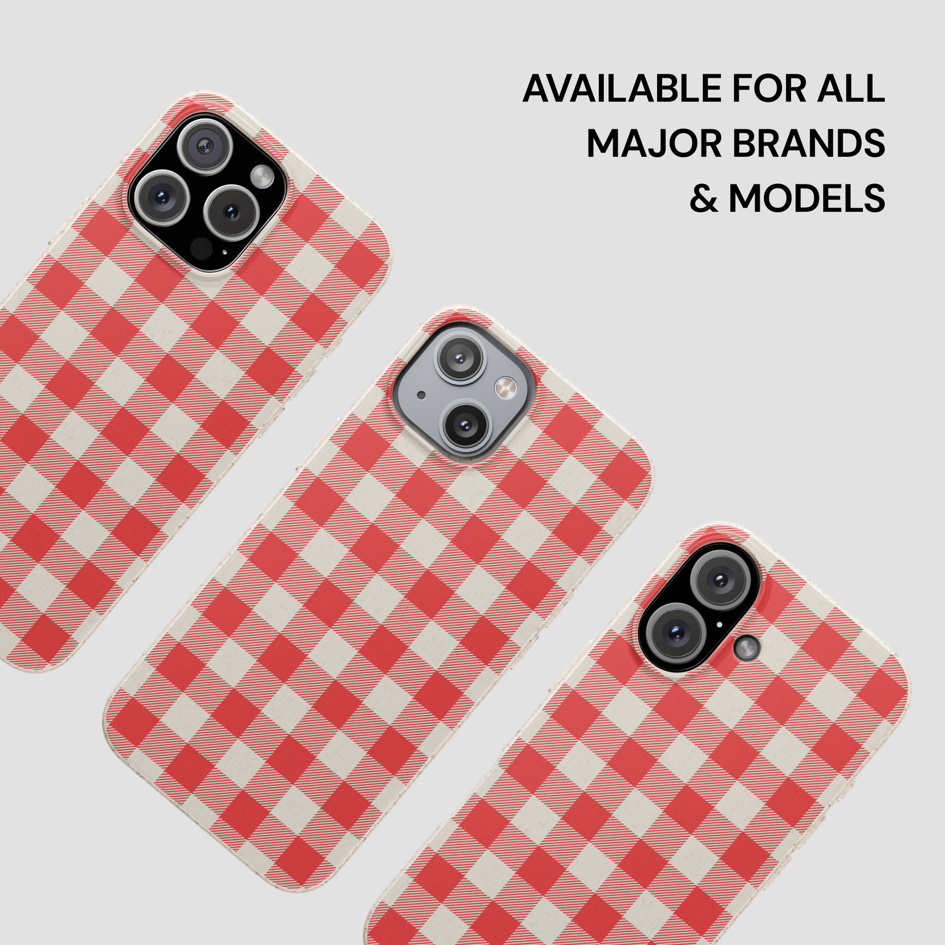 Three red and white gingham patterned phone cases shown on phone mockups against a light gray background, with text reading 'AVAILABLE FOR ALL MAJOR BRANDS & MODELS'.