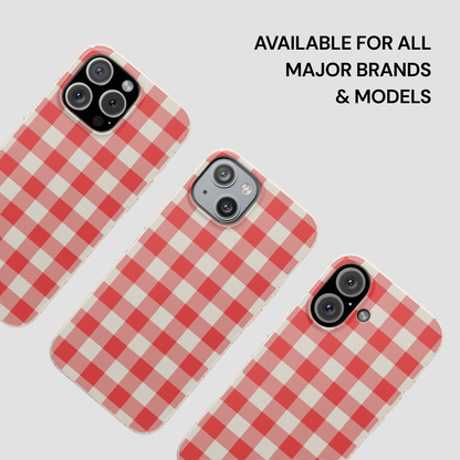 Three red and white gingham patterned phone cases shown on phone mockups against a light gray background, with text reading 'AVAILABLE FOR ALL MAJOR BRANDS & MODELS'.